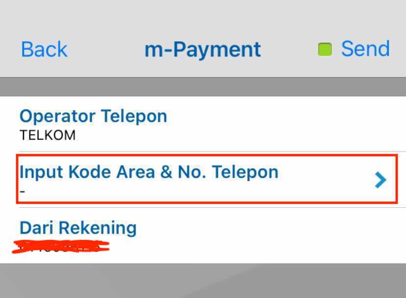 Selanjutnya pilih menu m-Payment lalu cari menu Telkom hingga muncul kolom untuk memasukkan kode area serta nomor telepon.