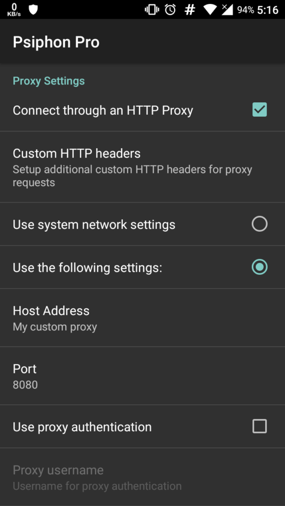 Alihkan menu “VPN Setting” dan setting “Pengaturan Proxy” untuk memberi centang pada semua bagian. Lakukan penyambungan lewat “Proxy HTTP”.